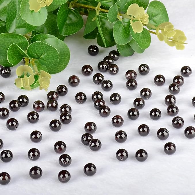 10mm 100pcs Natural Stone Beads Garnet Round Genuine Stone Beading Loose Gemstone Hole Size 1mm DIY Charm Smooth Beads for Bracelet Necklace Earrings (Garnet 10mm)