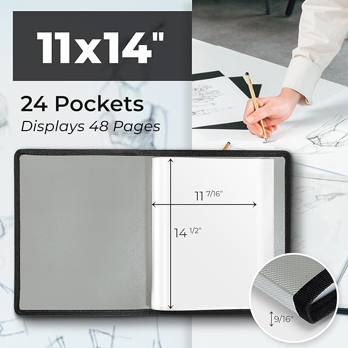 Dunwell 11x14 Art Portfolio Binder with Mounting Paper (Silver), Large Portfolio Folder for Artwork Storage, 24 Clear Sleeves Displays 48 Pages, Acid-Free Poly 11 x 14 Presentation Book