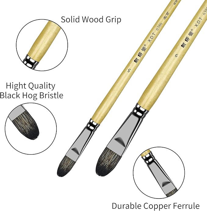 XDT#6386 Filbert Artist Paint Brush 6 Piece Set Medium Stiff Black Hog Bristle Extra Long Handle #2#4#6#8#10#12, Acrylic Oil Watercolor