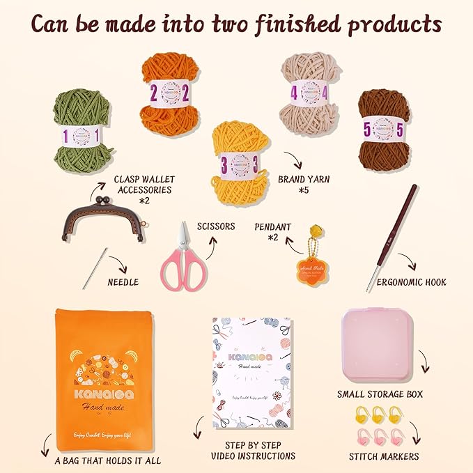 KANALOA Crochet Kits for Beginners - Handmade Craft DIY Knitting Set with Yarn,Hooks,Video Tutorials - Nice Gifts for Adults,Women - Mini Vintage Kisslock Wallet Coin Change Purses Pouch Storage Bag