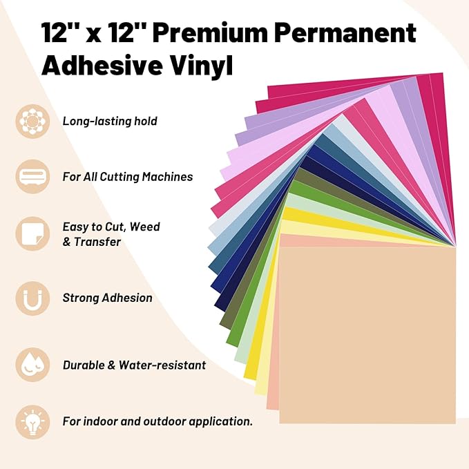 TECKWRAP Permanent Vinyl Sheets, 12" x 12" Assorted Permanent Adhesive Vinyl for DIY Sticker, Decor, Easy to Weed Compatible with Cutting Machines，20 Sheets