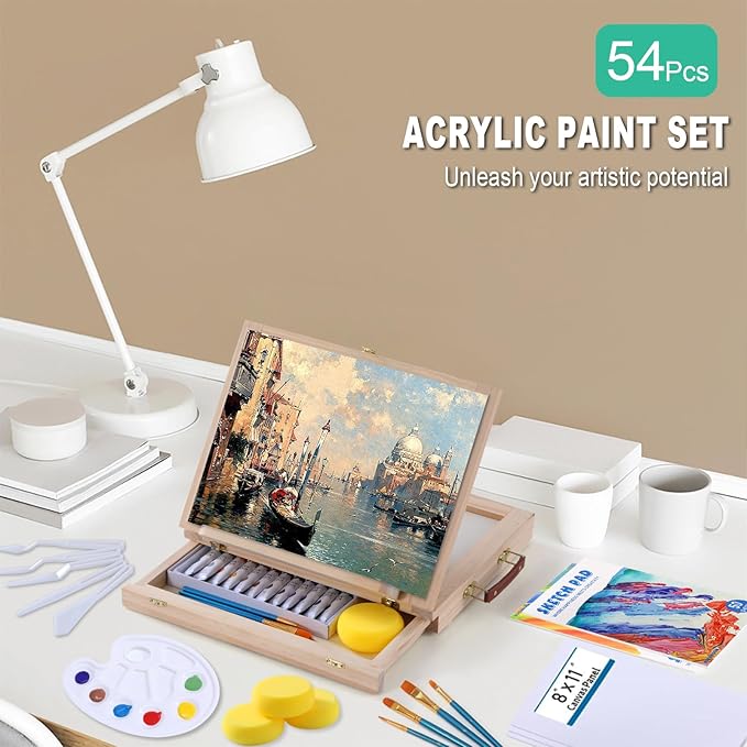 Wooden Tabletop Art Easel Set for Painting, 54 Pieces Starter Acrylic Paint Set with 24 Colors Acrylic Paints, Canvases, Sketch Pads, Brushes and Palette for Beginners Young Artists and Adults