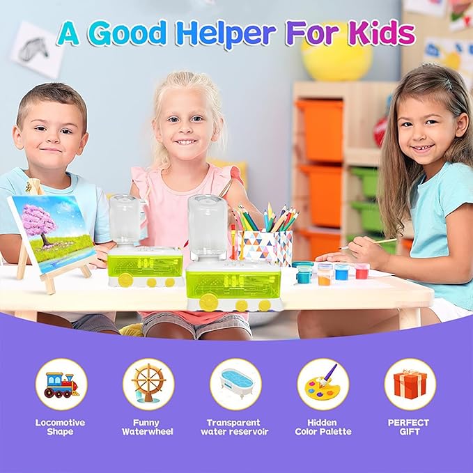 Paint Brush Cleaner with Paint Tray, Water Circulation Brush Rinser with Brush Holder, Watercolor/Oil and Water-Based Paint Brush Cleaner Tool, 400ml Capacity, Train Design, Gift for Artist Beginners