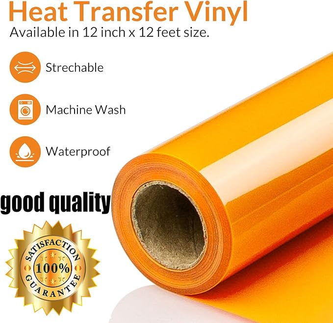 HTV Orange Heat Transfer Vinyl Rolls 12 Inch by 8feet Roll Iron on DIY for T-Shirt Easy to Cut & Weed for Heat Vinyl Design Glossy (8Ft, Orange)