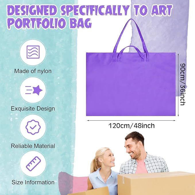 Abbylike 48 x 36 Inch Art Portfolio Bag Large Size Art Supply Bag with Nylon Shoulder Waterproof Poster Board Painting Drawing Sketch Storage Carrying Case for Christmas Artwork Gift(Purple,1 Pcs)