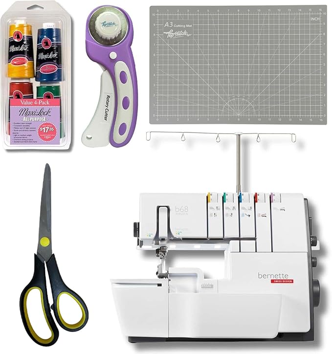 Bernette B68 Airlock Serger Sewing Machine | Adjustable Stitch Length, 1300SPM, LED Light, 5 Thread Options, Presser Foot Adjustment | Scissors, Rotary Cutter, Threads Bundle, Cutting Mat