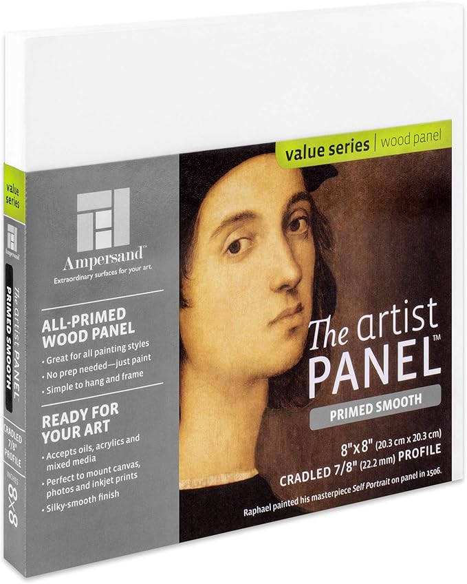 Ampersand Art Supply Wood Gesso Artist Painting Panel: Primed Smooth, 8" x 8", 7/8" Cradled Profile