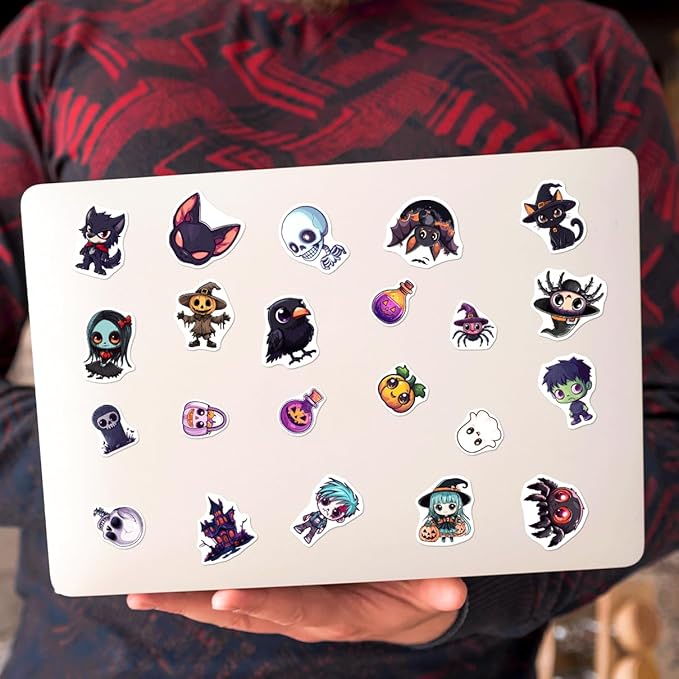 Halloween Style Cartoon Stickers Pack Cute Ghost Witch Pumpkin Cat Designs Vinyl Waterproof Non Repeating Holiday Party Decor for Kids Teens Lovers 108Pcs Hat Skateboard