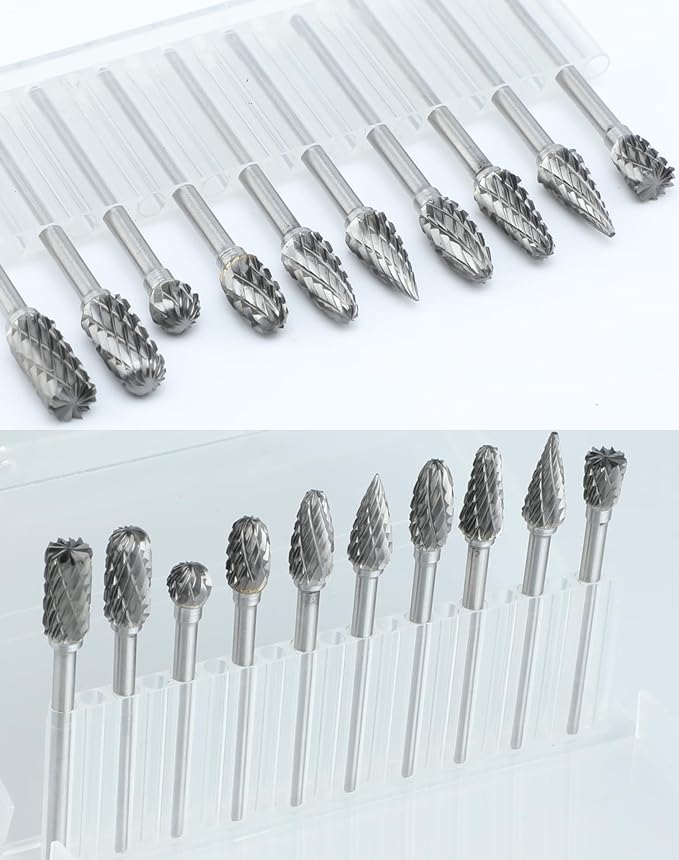 10 Pcs Carbide Burr Set 1/8" Shank Compatible with Dremel Milwaukee Bits Rotary Tools Attachment Kit Rasp Drill File Accessories Metal Wood Stone Steel Grinding Carving Cutting Polishing