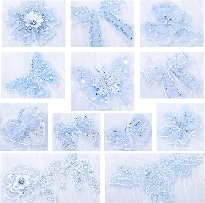 12 Pieces 3D Flower Lace Embroidery Butterflies Appliques Pearl Patches for Repairing and Decorating, Sewing Craft Clothing Jeans Jackets Bags (Light Blue)