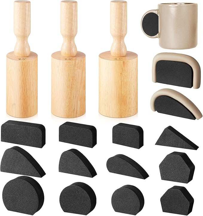 Juexica 3 Pcs Cup Pottery Molds 2.5'', 2.8'', 3.1'' with 12 Pcs Mug Handle Forms Shaping Tool Wood Slump Press 3 Sizes Clay Molds for DIY Cup Mug Art Making
