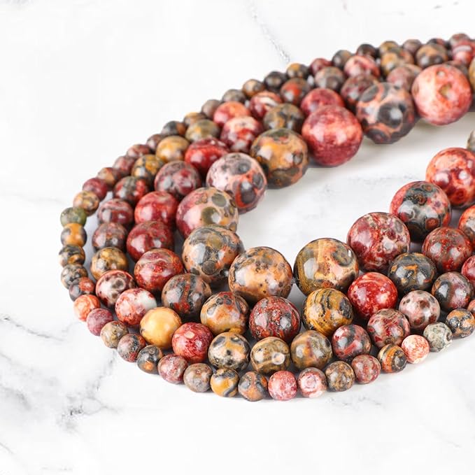 Natural Stone Genuine Stones DIY Round Beads 8mm 100pcs Beading Loose Gemstone Hole Size 1mm Charm Smooth Beads for Bracelets Necklaces Earrings (Red Leopard Fur Jasper 8mm)