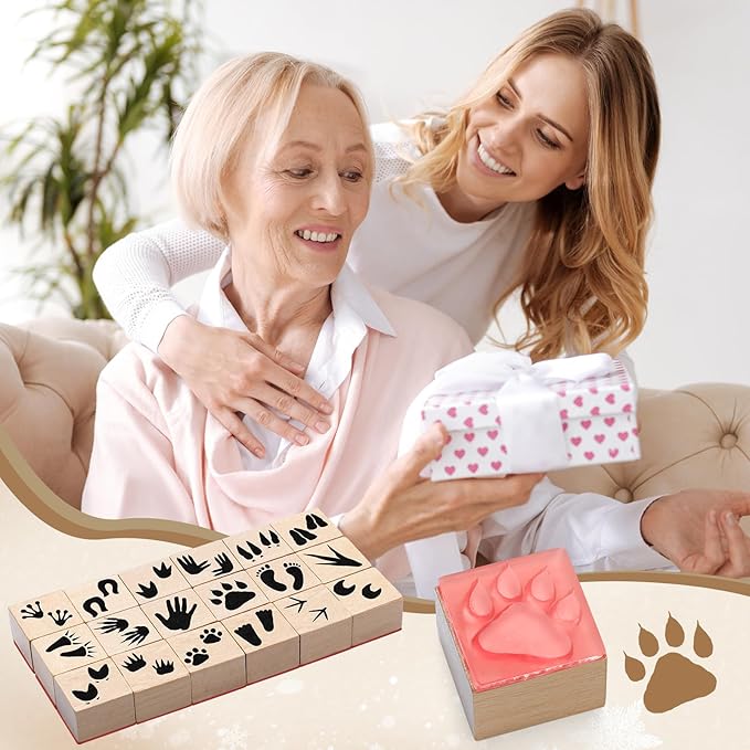 MotiMind 18 Pcs Animal Footprints Wood Stamps Set Wooden Rubber Holiday Stamps for Card Making Decoration and Scrapbooking Supplies