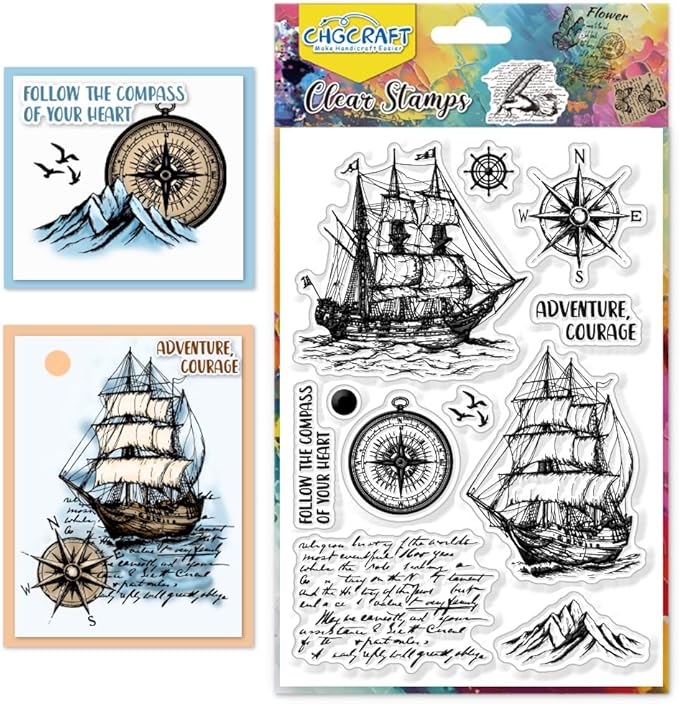 CHGCRAFT Vintage Sailboat Clear Stamps Compass Transparent Stamps Silicone Clear Stamp Seals for DIY Scrapbooking Photo Album Decoration, 4.3x6.3inch