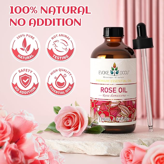 EVOKE OCCU Rose Essential Oil for Skin Care, Relaxation, Home Cleaning, Add to Diffuser and Spary, DIY Candle and Soap - 4 Fl Oz