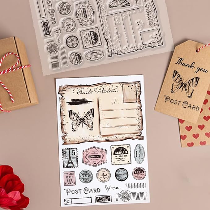 GLOBLELAND Vintage Decor Letters Postcards Clear Stamps for DIY Scrapbooking Retro Stamp Elements Silicone Stamp Seals Transparent Stamp for Cards Making Photo Album Journal Decoration 8.27×5.83inch