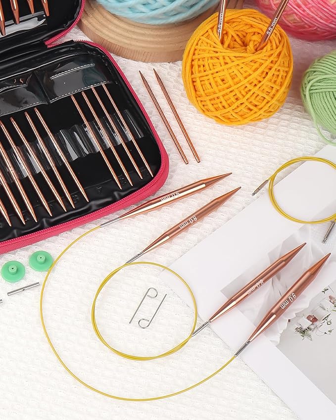 Coopay Interchangeable Aluminum Circular Knitting Needles, 13 Sizes (3mm-10mm), Rose-Gold, Complete Set with Case, Ideal for Beginners & Professionals