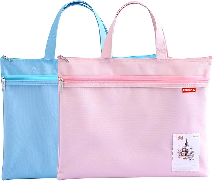 Pendancy Mesh Zipper Pouch 11x13.7 in, 2 pcs Large Double Pocket Waterproof File Bag with Handle, A4 Size Foldable Document Storage for Puzzle Project/Cross Stitch/Travel/Office（Blue Pink）