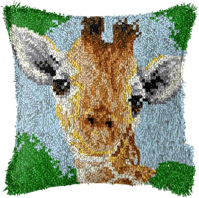 DL-YTG Latch Hook Kits Pillow Giraffe Crochet Yarn Cushion Colour Printed Canvas Rug Needlework DIY Pillowcase Hook and Latch Kit Arts Crafts Christmas Home Sofa Decoration 42x42cm/16X16in