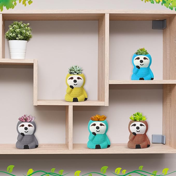 Pasimy 6 Set DIY Ceramic Succulent Planter Pots Paint Your Own Flower Pots Craft Kit Unpainted Bisque Paintable Flowerpot with Brush Palette Ready to Paint for Family Activity Gift(Sloth)