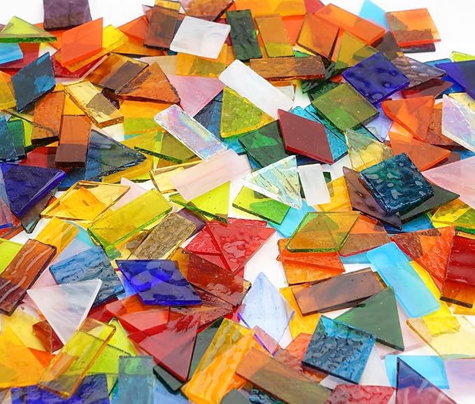 Lanyani Extra Large Size Transparent Textured Stained Glass Mosaic Tiles for DIY Craft, Colorful Bright Cathedral Glass Tile for Mosaic, 4-Shapes Mixed Mosaic Pieces Bulk Arts,1.3 Pound/200 Pieces