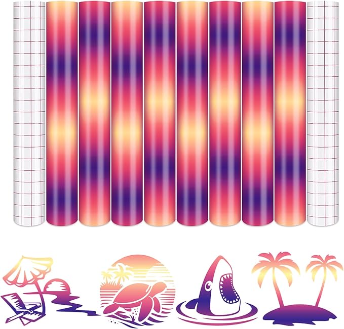 Tintnut Purple Orange Permanent Vinyl - 8 Sheets 12"x10" Gradient Adhesive Self Sticker, Ombre Glossy Self Sticker Water Proofing Vinyl Compatible with Cricut Or Silhouette