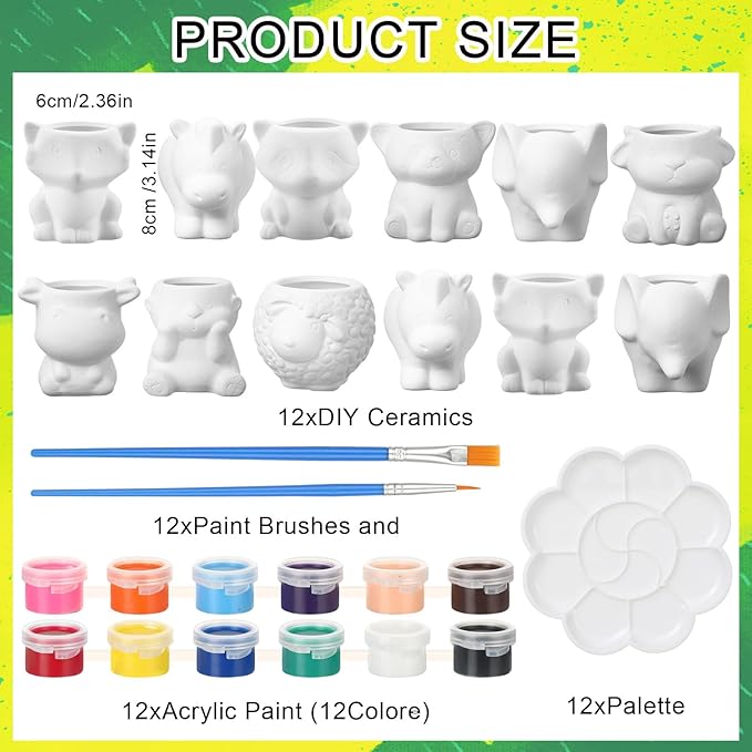 Hushee 12 Sets DIY Ceramic Succulent Pots Ready to Paint Animal Planters Unpainted Plant Flower Pots Bulk with Drainage Hole and Bisque Paint for Kids Adults Craft Christmas