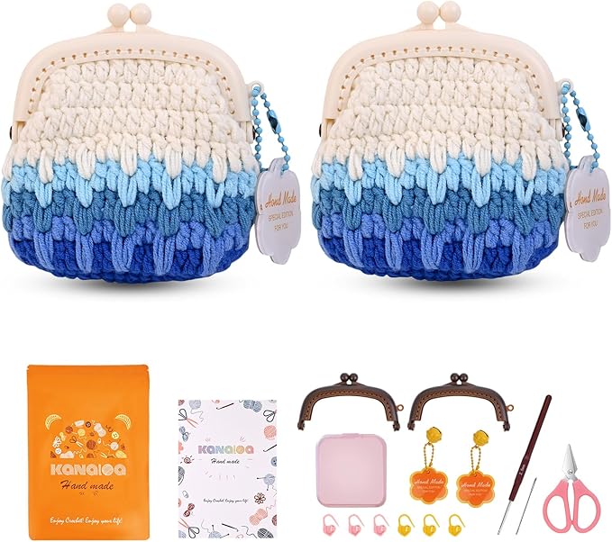 KANALOA Crochet Kits for Beginners - Handmade Craft DIY Knitting Set with Yarn,Hooks,Video Tutorials - Nice Gifts for Adults,Women - Mini Vintage Kisslock Wallet Coin Change Purses Storage Bag(2pcs)