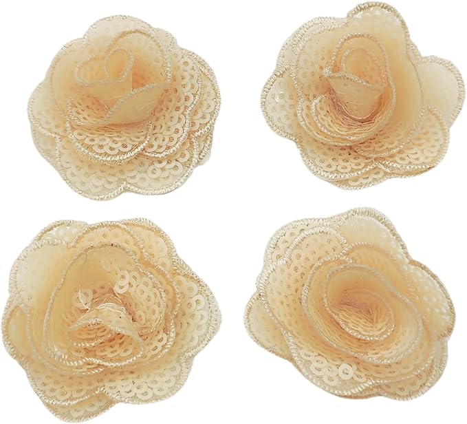 5 PC Rose Flower Sequins Lace Embroidery Patch Applique Trim Wedding Dress DIY Sewing Craft Clothes Applique, 1.6 Inch, Champagne