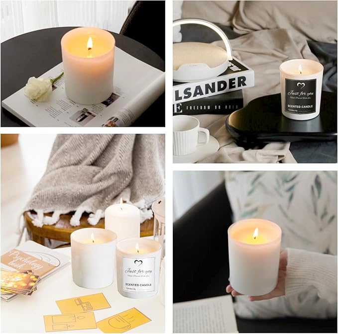 CONNOO 8 Pack 14 OZ Empty White Glass Candle Jars for Making Candles with Bamboo Lids and Sticky Labels, Bulk Candle Jars for Making Candles - Spice, Powder Containers.