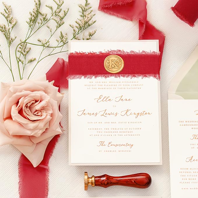 3 Rolls Red Handmade Fringe Chiffon Ribbon 1.5" x 7Yd Silk-Like Colorful Rustic Ribbon for Bouquets Wrapping Decor Wedding Tie Invitations Crafts