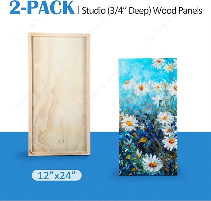Falling in Art Unfinished Birch Wood Panels Kit for Painting, Wooden Canvas 2 Pack of 12x24’’ Studio 3/4’’ Deep, Cradle Boards for Pouring, Art, Crafts, Burning and More