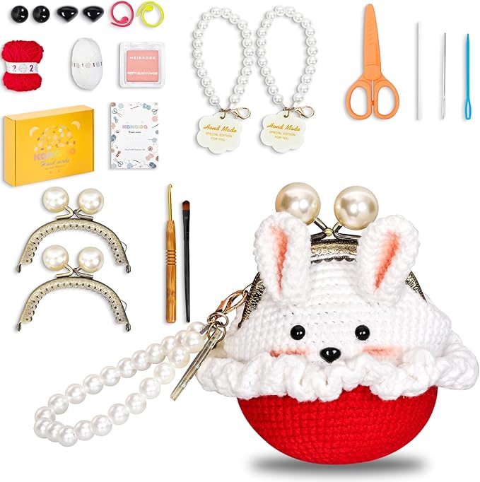 Crochet Kits for Beginners - Handmade Craft DIY Knitting Set with Yarn,Hooks,Video Tutorials - Nice Gifts for Adults,Women-Cute Animal Rabbit Wallet Coin Change Purses Storage Bag Pouch(2pcs)