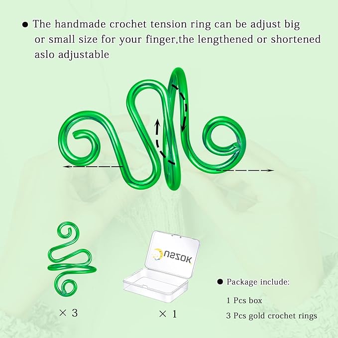 Juszok 3Pcs Handmade Crochet Tension Ring, Crochet Ring for Finger Crocheting，Yarn Tension Ring, Adjustable Companion Knitting Ring with Box Gifts for Crocheters Women(Green)