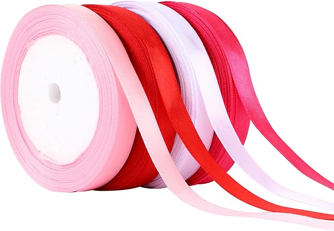 DECYOOL 4 Rolls 100 Yards Valentine’s Day Ribbons for Gift Wrapping, 10mm Wide Valentines Satin Ribbon for Valentine's Day Wedding Holiday Craft Projects