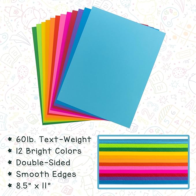 Hygloss Assorted Bright Colored Paper - 24 lb, 89 GSM, Acid-Free, Fade-Resistant, 8.5x11-Inch Letter Size Color Copy Paper, 240 Sheets, 12 Colors