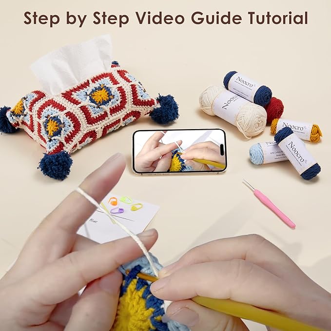 Noocro Crochet Kit Granny Square Tissue Holder, Complete DIY Kit with Detailed Instructions, Video Tutorials, for Beginners or Intermediate and Advanced Crocheters