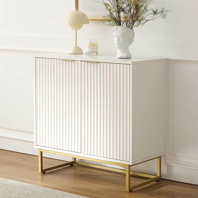 Fluted Storage Cabinet Set of 2,Sideboard Buffet Cabinet with Adjustable Shelves,Multifunctional Console Table with Storage Credenza Accent Cabinet for Living Room, Dining Room, White