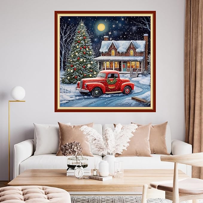 Findvoor Stamped Cross Stitch Kits for Beginner Embroidery Kits for Beginners Adults DIY 11CT Cross Stitch Patterns Needlepoint Kits Crossstitching Kits-Christmas Tree Scene 18x18 inch