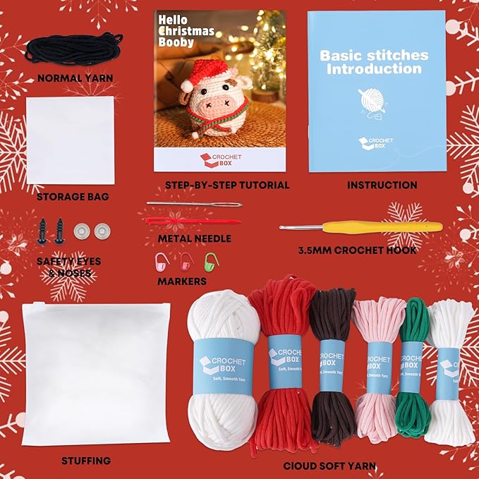 CrochetBox Crochet Kit for Beginners Adults - Christmas Cow Starters Crochet Kit, Beginners Crocheting Kitting for Adults Teen, Craft Gifts with Crochets Yarns, Hook, Step-by-Step Video, Instruction