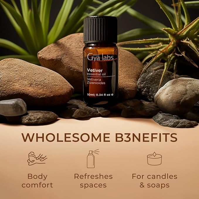 Gya Labs Vetiver Essential Oil - 0.34 Fl Oz - for Hair, Skin, Diffuser, Aromatherapy & DIY Candle Making Scent