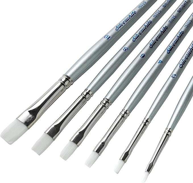 Silver Brush Limited SW-1585S Silverwhite Short Handle Bright Brushes with Soft Synthetic Taklon, 6pc Premium Artist Painting Bundle for Acrylics, Watercolor, Gauche, Ink, Dye, Craft Paint, & Tempera
