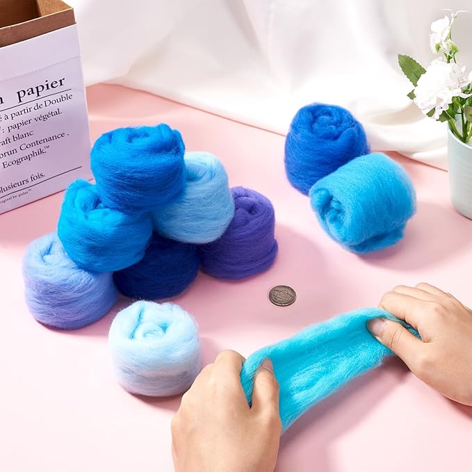 FASHEWELRY 1.76 OZ Wool Felt Kit Blue Theme Needle Felting Wool Roving 10 Colors Nature Wool Roving for Needle Felting Wet Felting DIY Hand Spinning