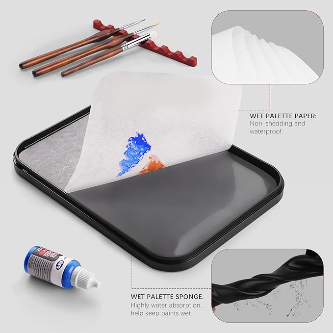 Wet Pallet for Painting Miniatures - Golden Maple 2 in 1 Dry and Wet Palette with Lid, Including 11 Miniature Paint Brushes,100PCS Palette Paper, 4PCS Sponges, Paint Brushes Holders