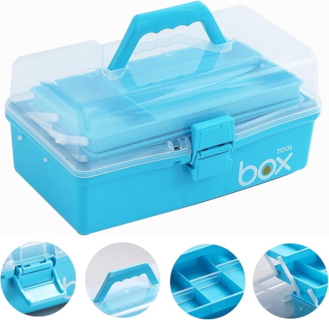 Sunxenze 12'' Three-Layer Clear Plastic Craft Storage Box, Tool Box/Sewing Box Organizer, Art Storage Box with Handle (Light Blue)