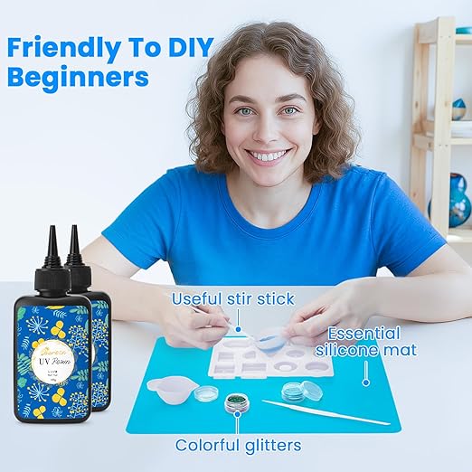 Bsrezn 200g UV Resin Kit with Light 18 Beads, Crystal Clear Solar Activated UV Epoxy Resin for Jewelry Making (100g x 2)