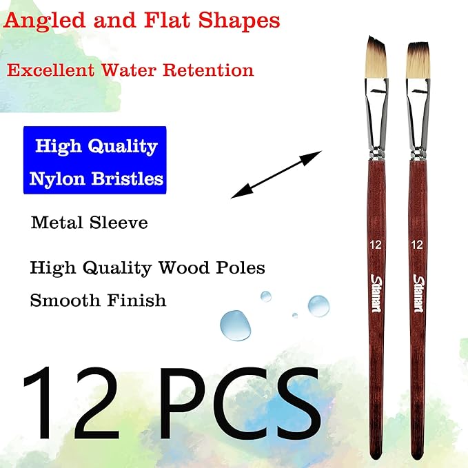 Watercolor Brushes Professional 12 PCS ， 6 Flat Painting Brush and 6 Angled Paintbrush for Watercolors,Acrylics,Oil,Gouache,Ink,Different Size Paintbrushes Perfect for Artists and Beginners