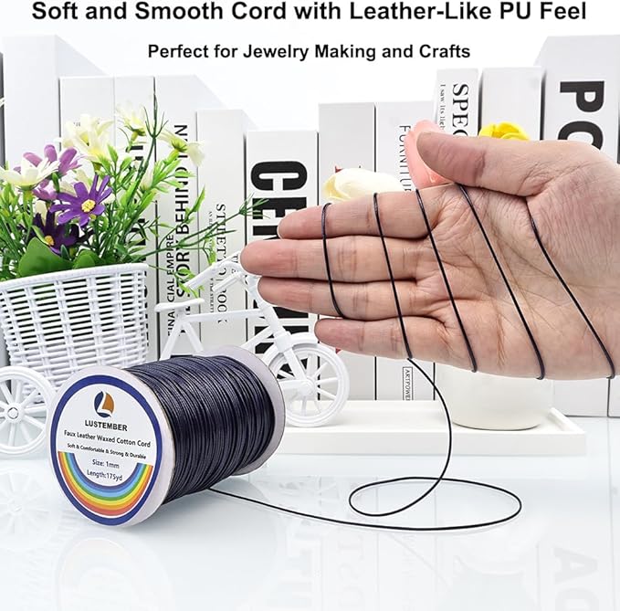 1mm Faux Leather Waxed Cotton Cord, 175 Yards – Durable Necklace String, Soft and Textured Cord for Necklaces, Bracelets, and Jewelry Making