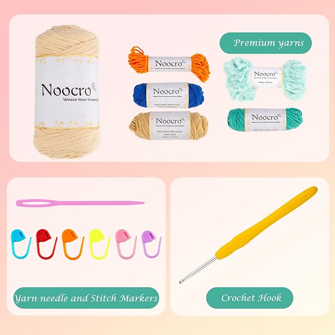 Noocro Crochet Kit for Beginners or Intermediate Level, Fuzzy Granny Square Bucket Hat, Step by Step Video Tutorial, Detailed Instruction Complete Kit Craft Supplies Holiday Gift (Ocean Blue)