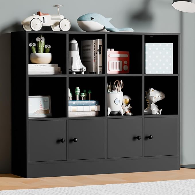 Cozy Castle Black Wood Bookcase,12 Cube Storage Organizer Bookshelf with 4 Doors,3 Tier Storage Cabinet with Adjustable Shelves for Bedroom, Living Room, Office